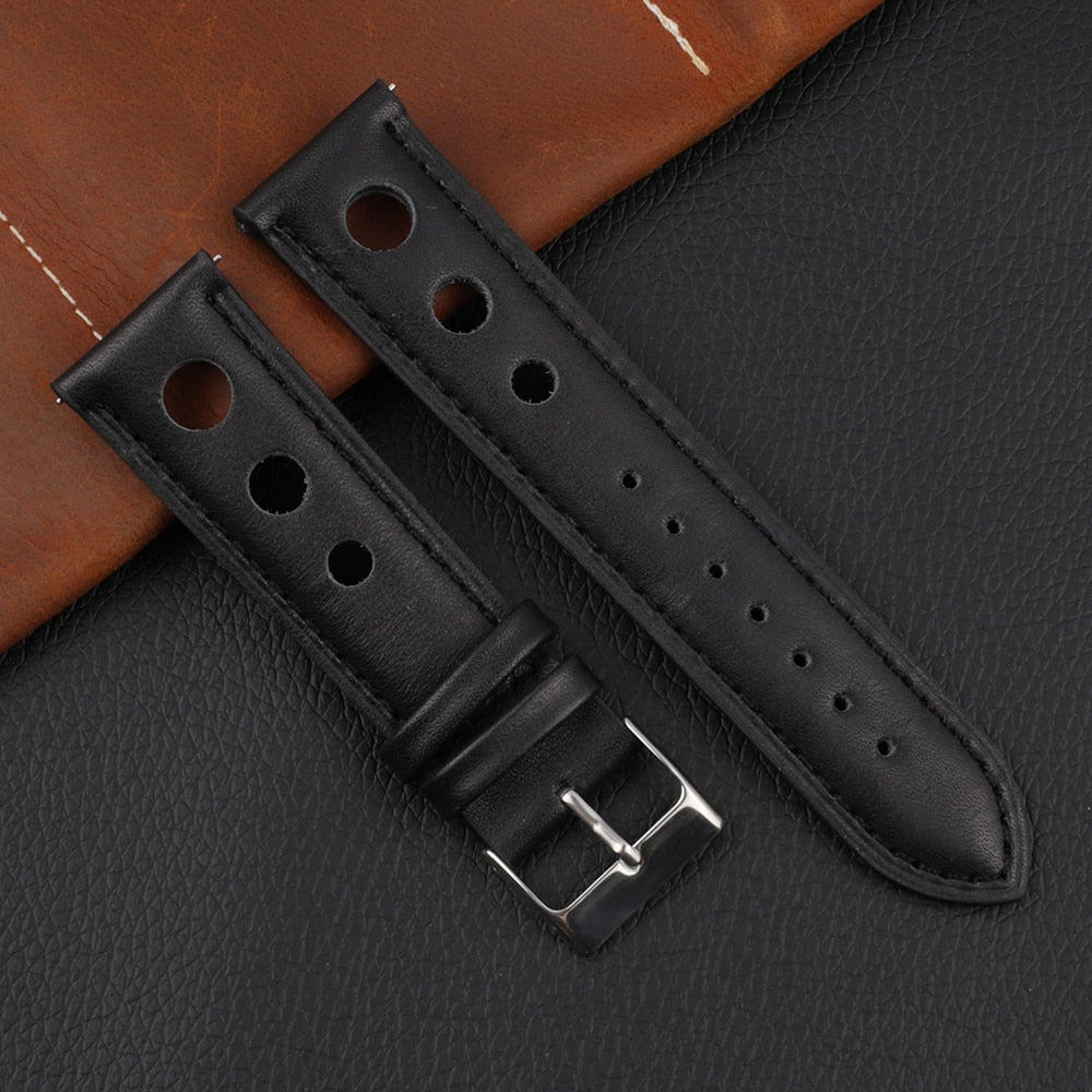 Genuine Leather Racing Style Universal Watch Strap - Black / 18mm / 20mm / 22mm