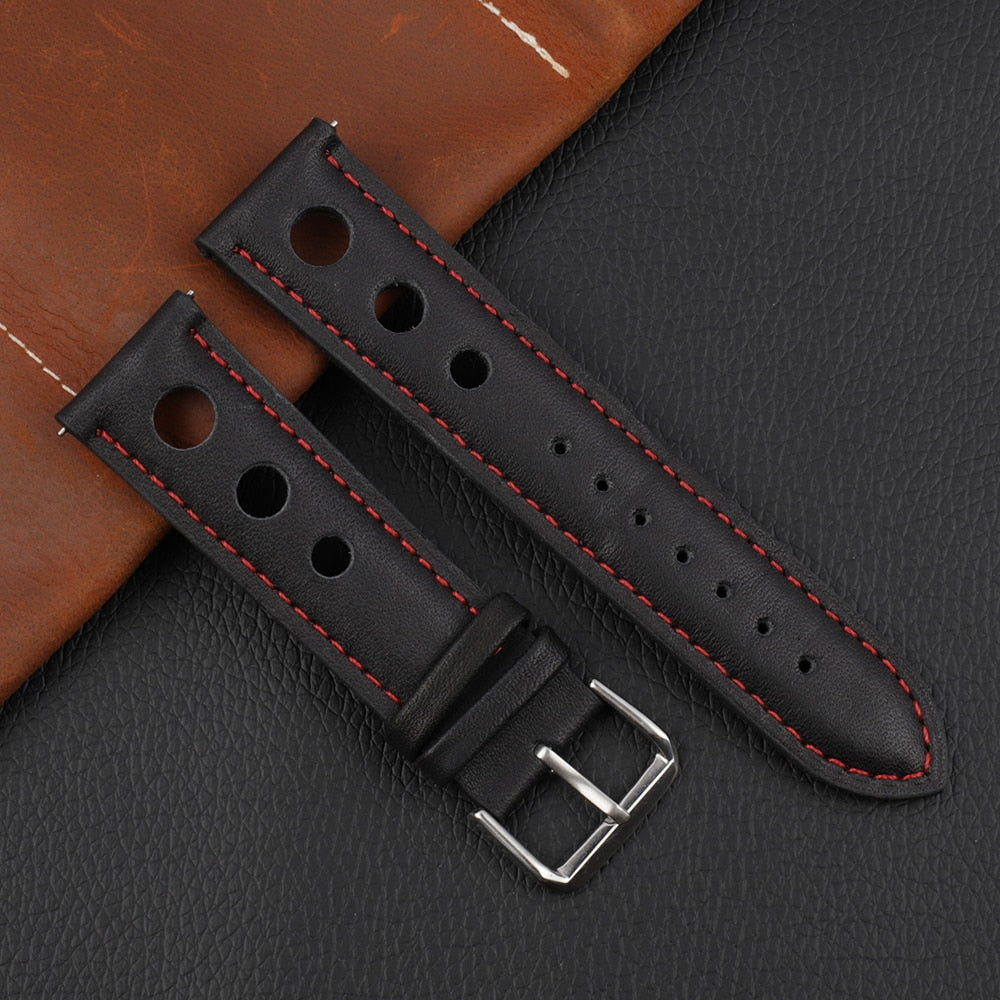 Genuine Leather Racing Style Universal Watch Strap - Black Red / 18mm / 20mm / 22mm