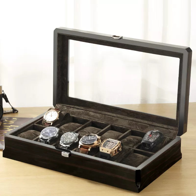 Luxury Wooden Watch Display Box 3/6/12/18 Slot Storage - Black