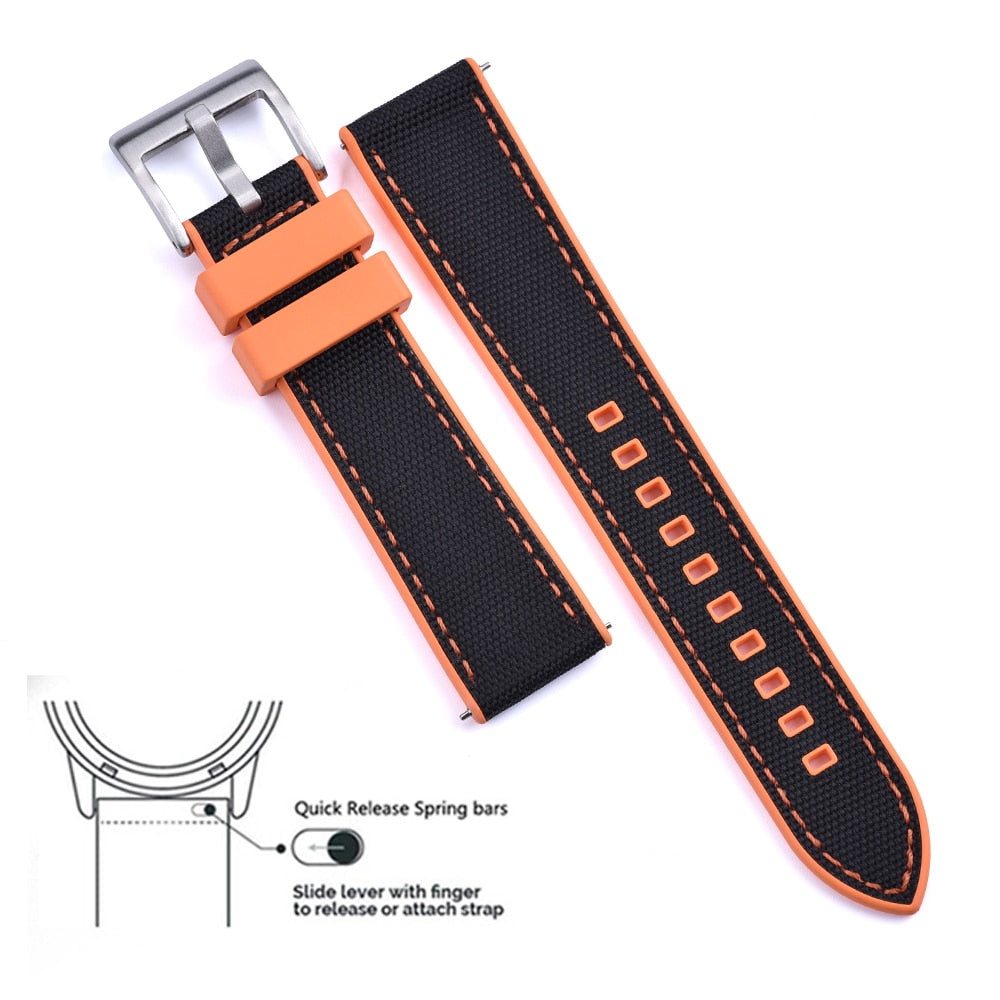 Hybrid Rubber x Canvas Universal Watch Strap - Orange + Black / 20mm / 22mm