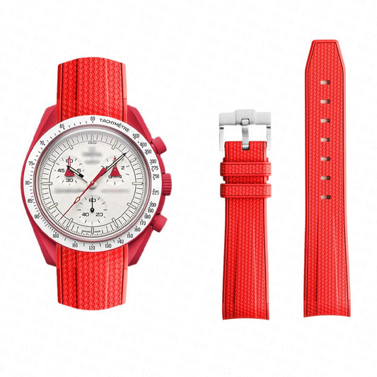 Curved End Rubber Textured Strap for MoonSwatch/Speedmaster - Red