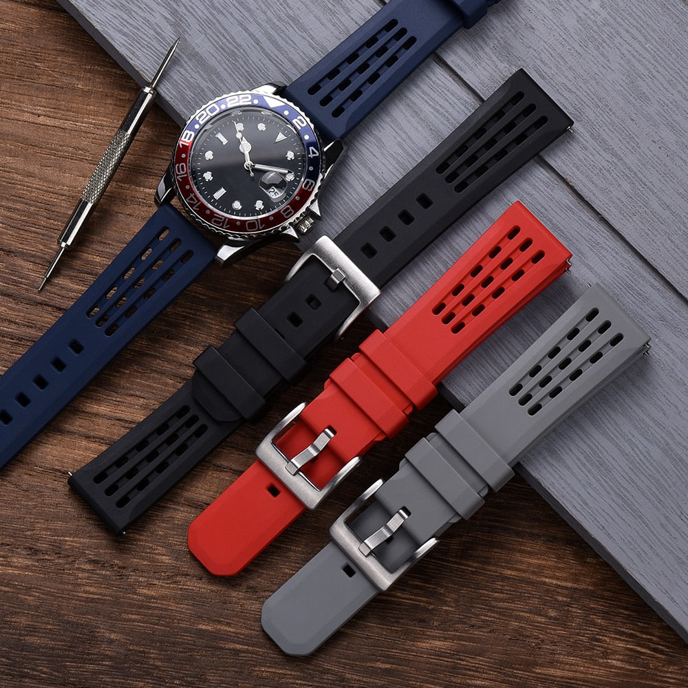 Premium Quick Release FKM Rubber Universal Watch Strap - Black / 20mm / 22mm