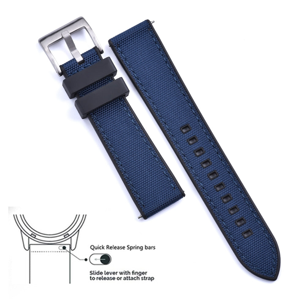 Hybrid Rubber x Canvas Universal Watch Strap - Black + Blue / 20mm / 22mm