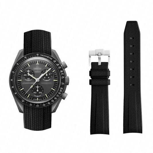 Curved End Rubber Textured Strap for MoonSwatch/Speedmaster - Black