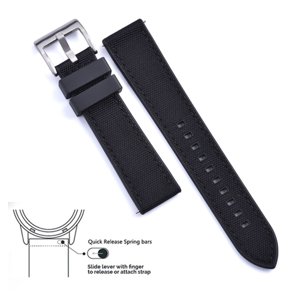 Hybrid Rubber x Canvas Universal Watch Strap - Black + Black / 20mm / 22mm
