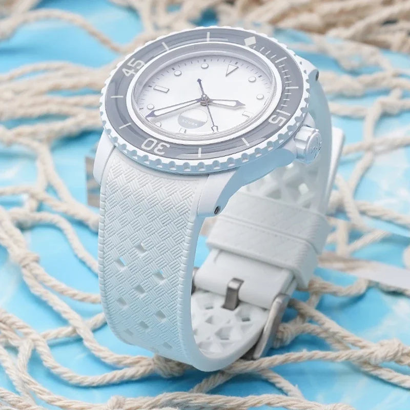 Textured Curved Rubber Watch Strap for Swatch X Blancpain - White