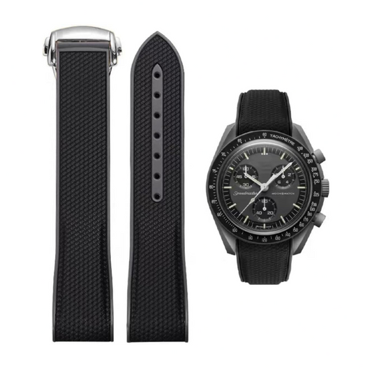 Curved End Rubber Folding Clasp Strap For Omega X Swatch MoonSwatch - Black/Grey
