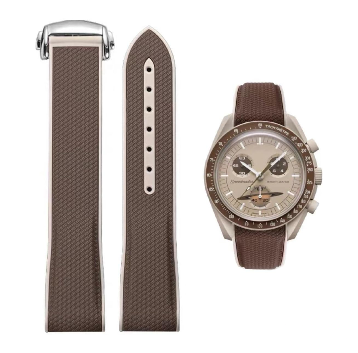 Curved End Rubber Folding Clasp Strap For Omega X Swatch MoonSwatch - Brown