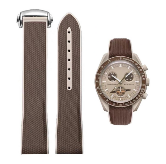 Curved End Rubber Folding Clasp Strap For Omega X Swatch MoonSwatch - Brown
