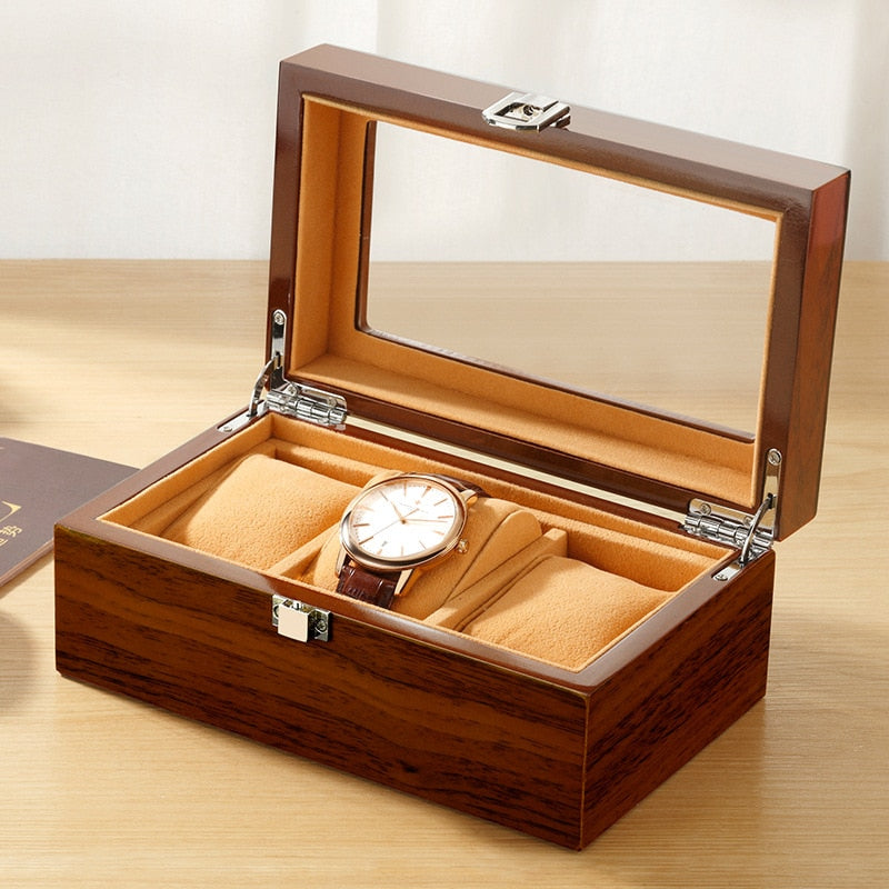 Luxury Wooden Watch Display Box 3 Slot Storage - Red